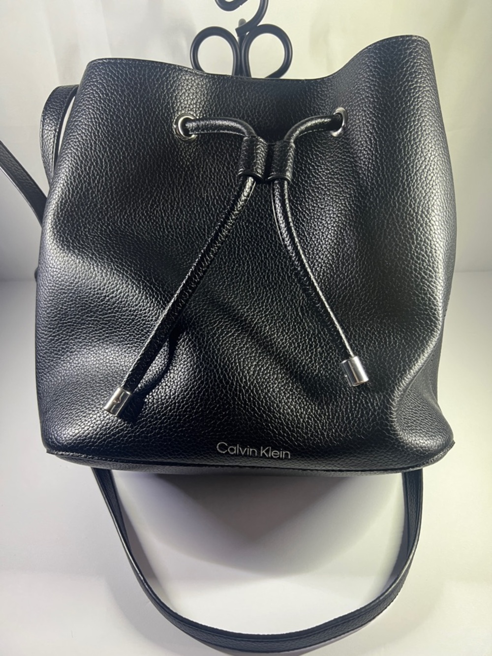 Calvin Klein Black Pebbled Drawstring Bucket Bag with Silver Accents
